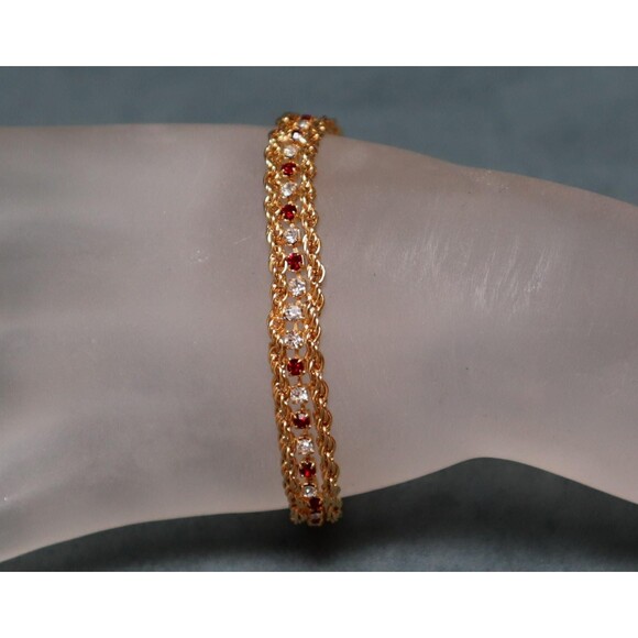 Vintage Rhinestone Tennis Bracelet Ruby Red & Clear - Picture 2 of 5